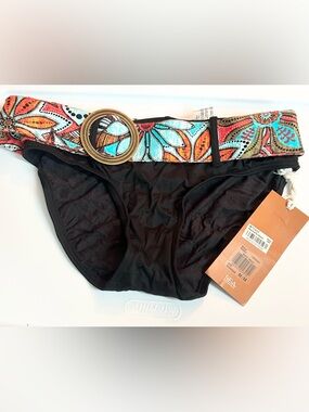 Captiva Black Bikini Bottom with Colorful Floral Belt and Gold Buckle Medium